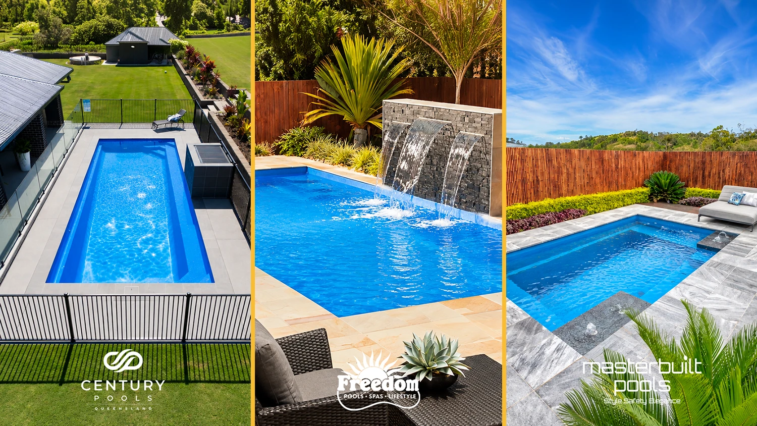 Three fibreglass pools installed by Aquatime Pools, from the Century Pools, Freedom Pools and Masterbuilt Pools ranges